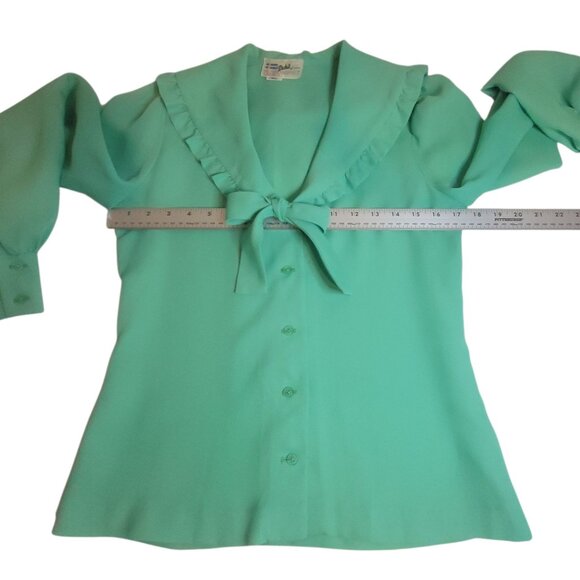 Deha Of Sweden Vtg 70s Green Ruffle Collar Blouse SZ 38 Bow Tie Button Front - Picture 11 of 16